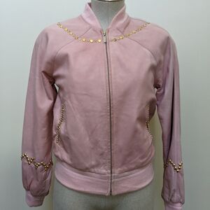 Wilsons Leather Women Pink Bomber Jacket with Golden Studs